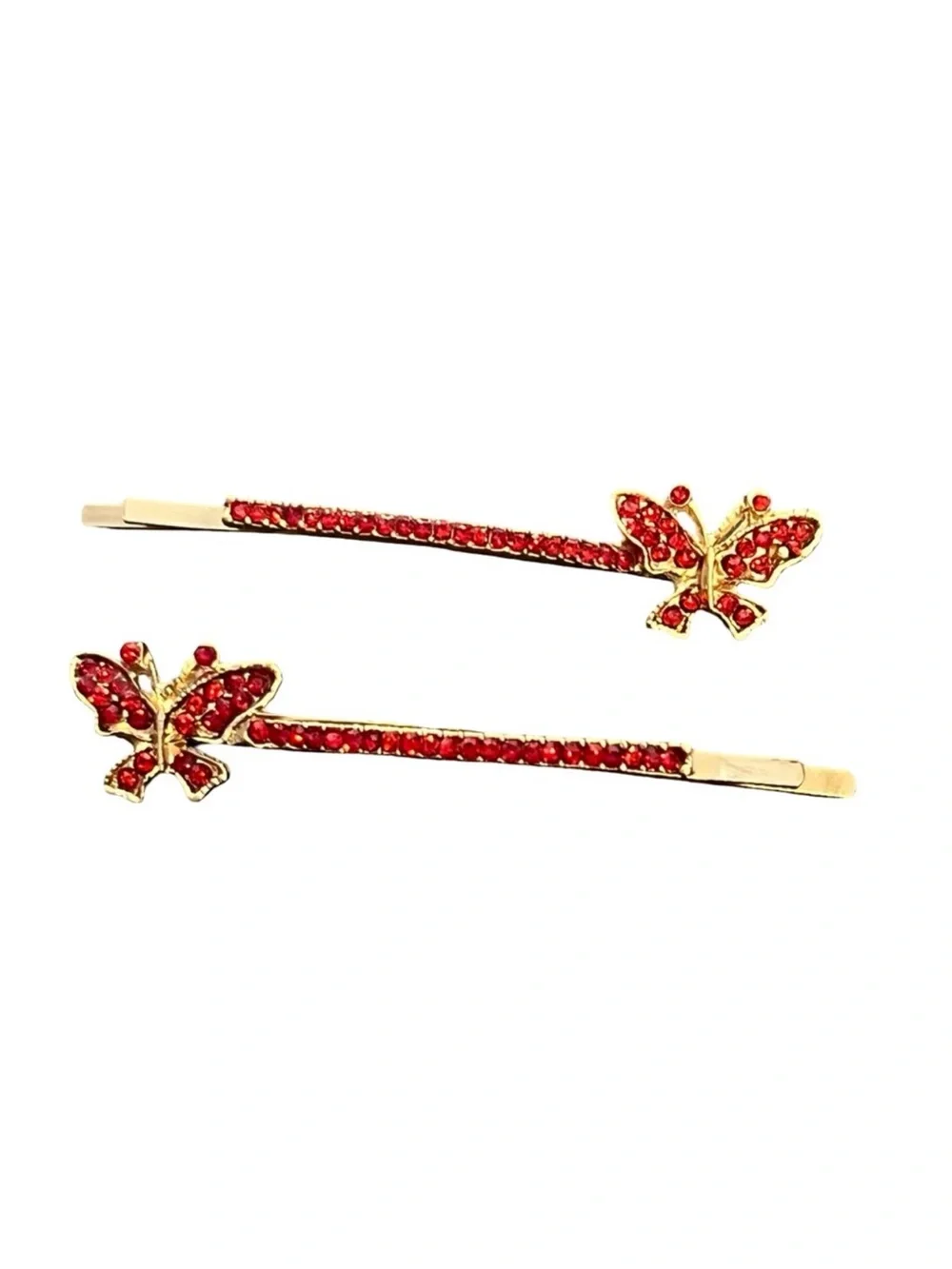 Gold Butterfly Hair Pins with Red Crystals - Set of 2 FINAL PRICE DROP